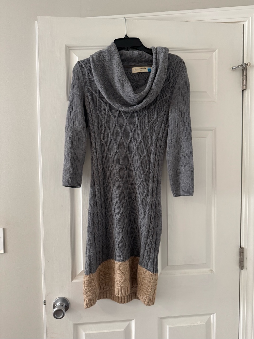 sparrow Gray Cable Knit Cowl Neck Sweater Dress with Tan Hem